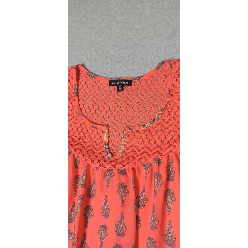 As U Wish Sleeveless Crochet Lace Mini Dress Medium Coral Boho Peasant Festival - Picture 3 of 12
